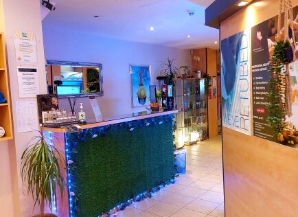 Reception Area with Blue Mosaic Desk tanning