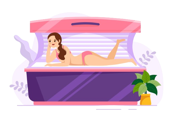 An illustration of a person lying inside an open tanning bed with a purple base and pink cover, wearing goggles, with a small green plant in a yellow pot beside the bed.